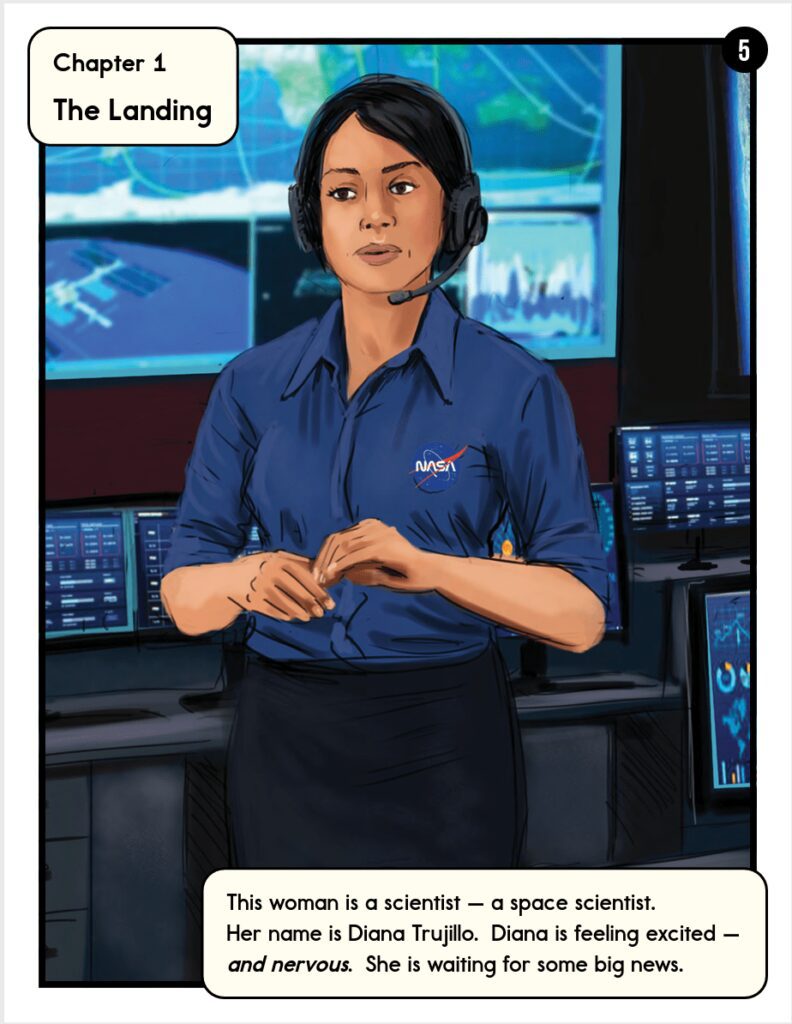Animated image of Diana Trujillo with text overlay that reads, "This woman is a scientist - a space scientist. Her name is Diana Trujillo. Diana is feeling excited - and nervous. She sis waiting for some big news.