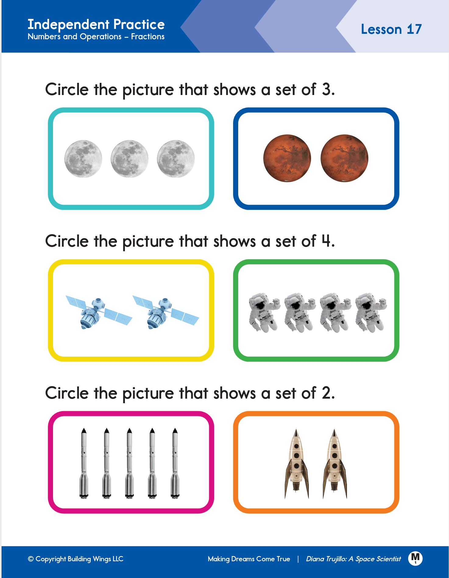 Screenshot of Readtopia independant practice math lesson, with pictures depicting different amounts of items to count.